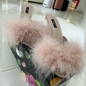 Dolce & Gabbana feather pump blush mid heel satin sandal